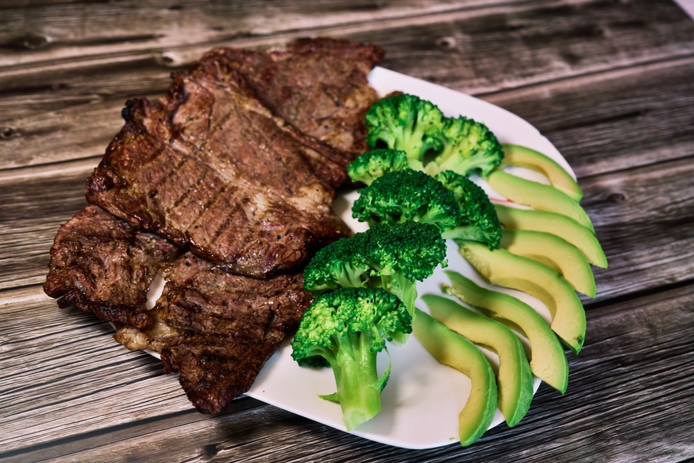 Keto diet based on beef steak, broccoli and avocado. High quality photo