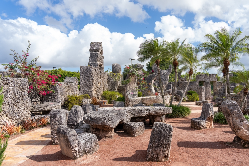 Homestead, FL, USA - January 1, 2022: Coral Castle Museum is shown in Homestead near Miami, FL, USA, an oolite limestone structure created by the Latvian-American eccentric Edward Leedskalnin.