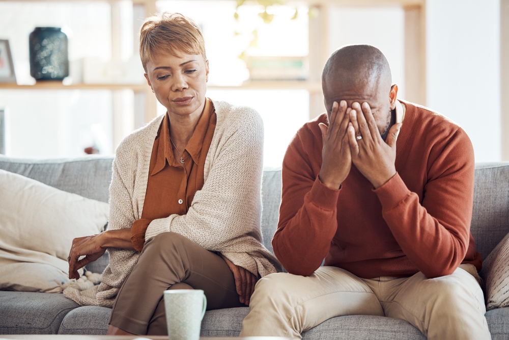Fight, divorce and depression with old couple on sofa for mental health, angry and problem. Counseling, therapy and difficult with old man and woman healing toxic marriage for sad, stress and fail
