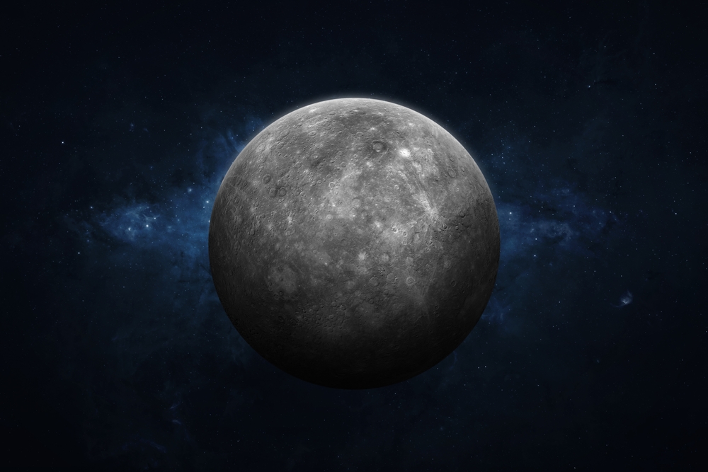 Mercury, galaxy and stars. View of Mercury - planet of the solar system. Galaxy, stars and planet Mercury. High resolution image. This image elements furnished by NASA.