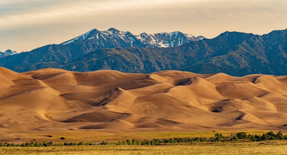 Sunny view of the landscape of Great Sand Dunes National Park and Preserve at Colorado