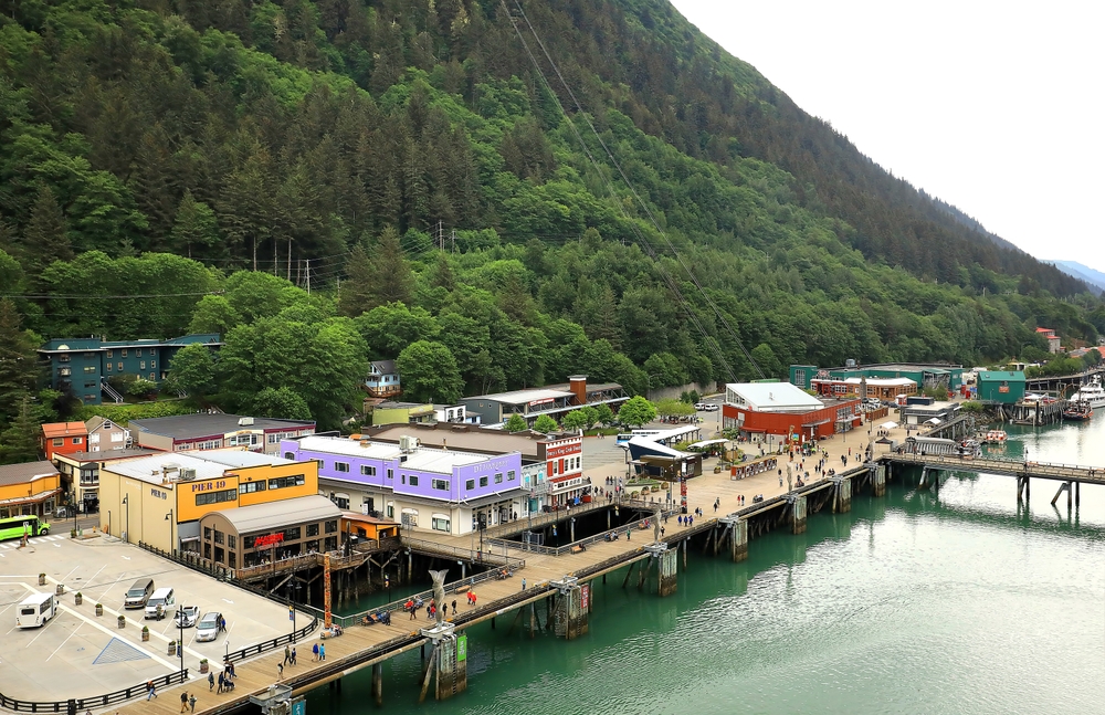 JUNEAU, ALASKA, USA: Aerial view of Juneau Cruise Terminal Port, where luxury cruise ships dock on their Alaskan voyage, as seen on July 12, 2023.