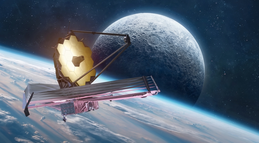 James Webb space observatory near Earth and Moon. JWST in space. Galaxy exploration. Space telescope. Elements of this image furnished by NASA
