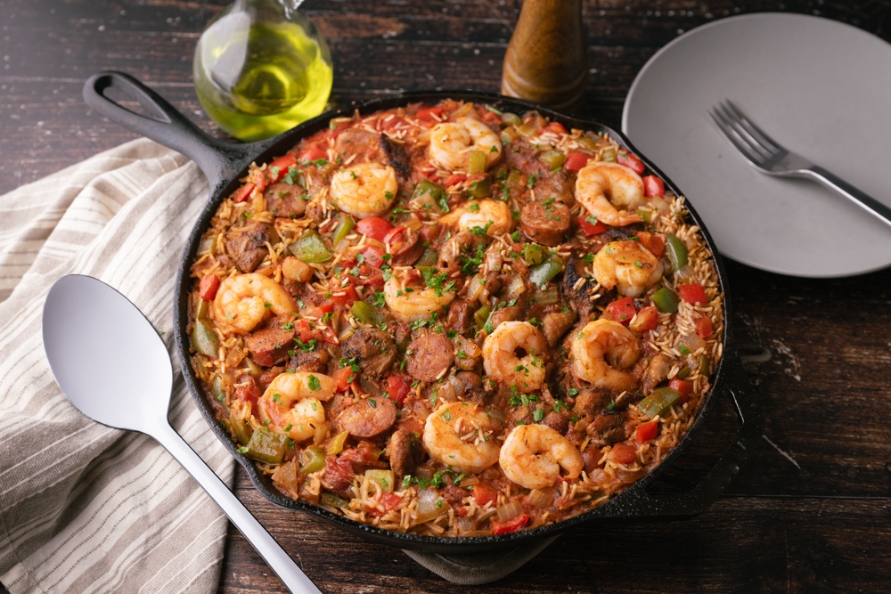 shirimp and sausage jambalaya, traditional lousiana food