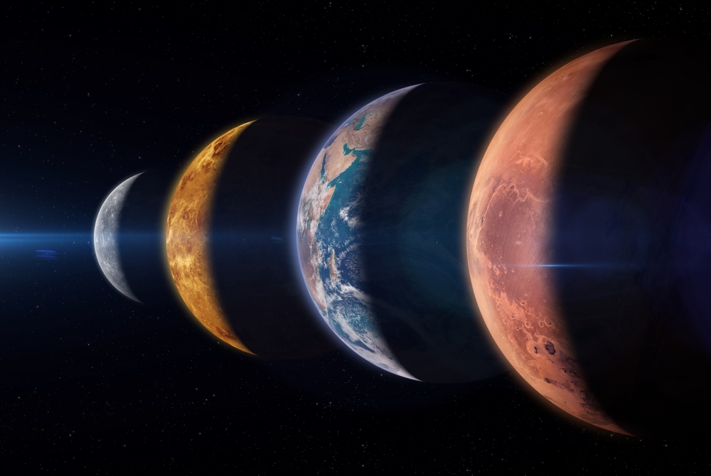 Beautiful view of the planets Mercury, Venus, Earth and Mars from space. Terrestrial planets. Planetary alignment or “planetary parade.” Elements of this image furnished by NASA.
