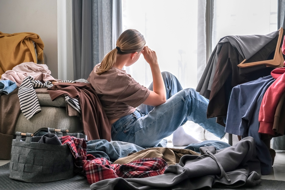 Spring cleaning,second hand,Fast fashion, the girl puts things in order in the closet. A bunch of colorful clothes. The concept of processing, second hand, eco, minimalism, consumption of goods