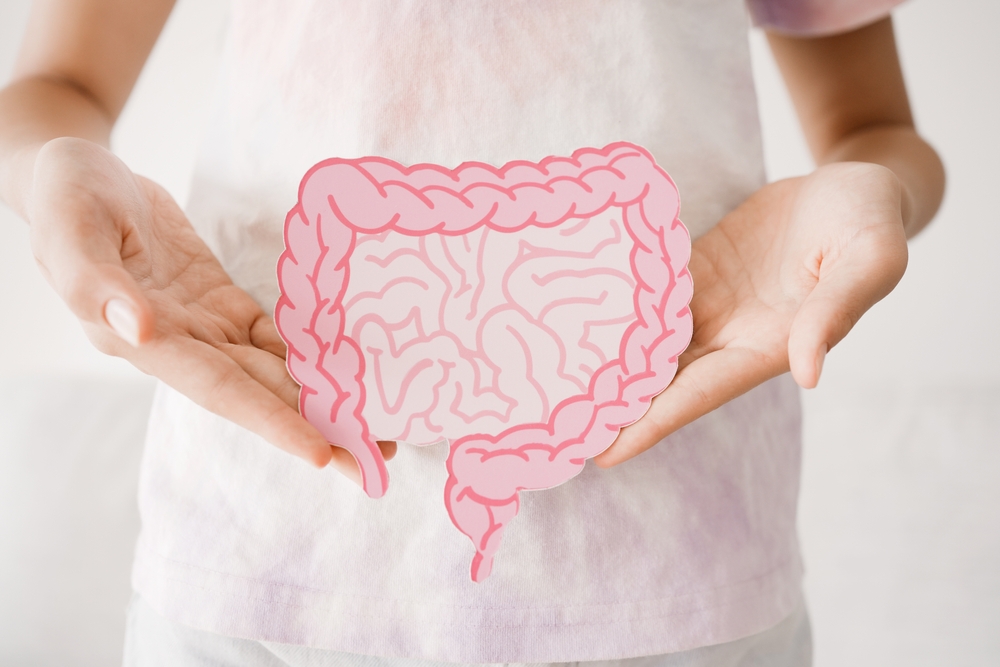 Preteen girl hands holding intestine shape, healthy bowel digestion, leaky gut, probiotic and prebiotic for gut health, preteen and teen gut health concept