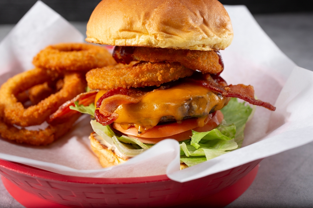A view of a BBQ bacon cheeseburger.