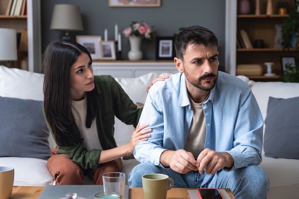 Fight, divorce or couple with anger, conflict or affair with marriage issue, home or ignore. Partners, mature woman or man with frustration, relationship problems or toxic with depression or cheating