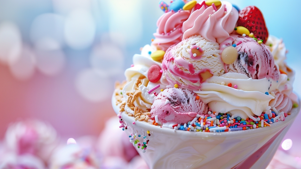 Whimsical ice cream sundae with a variety of flavors