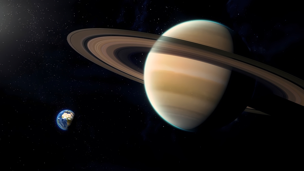 Earth and Saturn in space, Saturn close to Earth, Earth and Saturn size comparison, space, stars