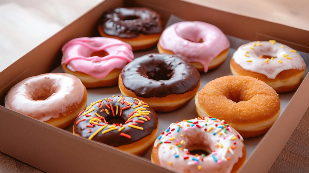 Glazed and decorated donuts in a box, showcasing a variety of flavors and toppings, with vibrant icing colors, set on a wooden table, perfect for a sweet treat or dessert