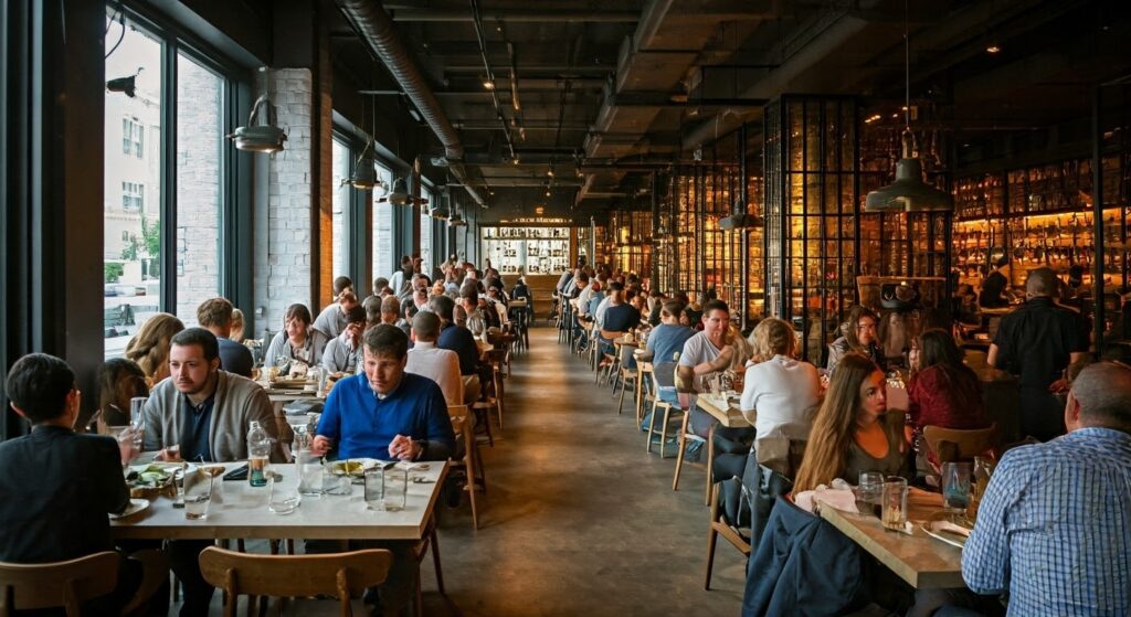 Indoor photo of a fancy and modern restaurant full of people