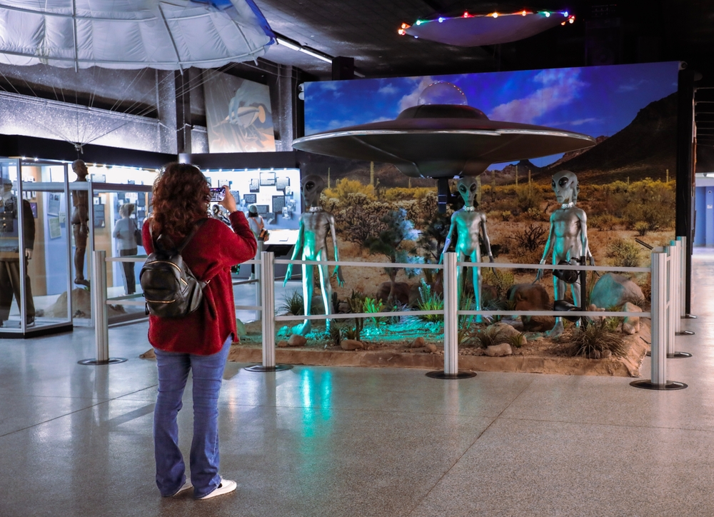 Roswell, New Mexico, USA - November 1, 2024: Aliens share space with humans at the International UFO Museum in Roswell, New Mexico.