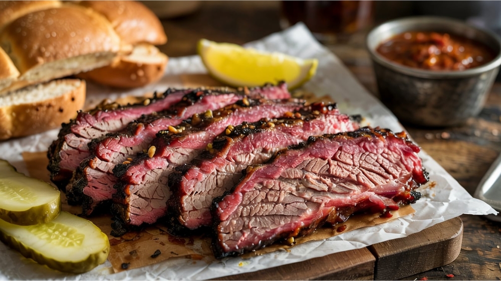 Slow-smoked Texas beef brisket sliced thick with a deep bark, juicy center, and served with pickles, white bread, and BBQ sauce on the side.