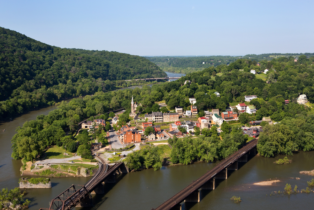 Aerial view of the town of Harpers Ferry, West Virginia, which includes Harpers Ferry National Historical Park, located between the Potomac River and the Shenandoah River.