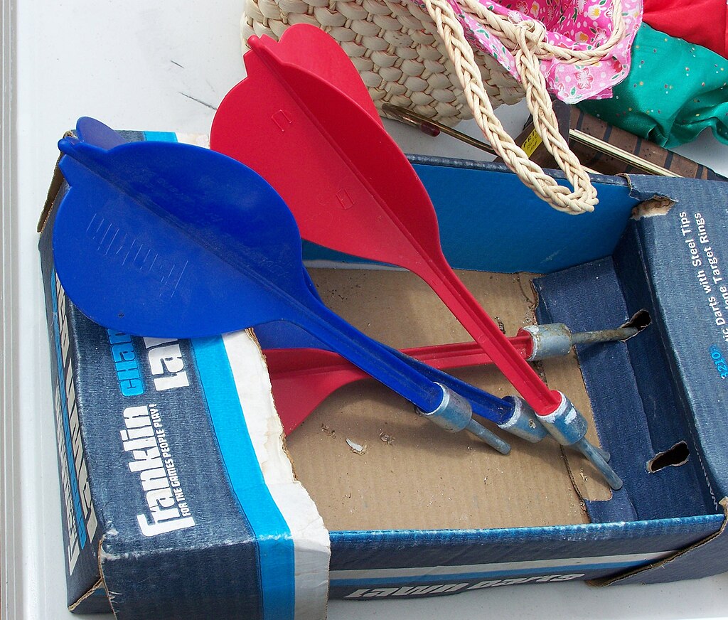 A package of Franklin brand lawn darts. Photo taken at an elementary school yard sale in Washington state, United States, with a Kodak Z650 Zoom digital camera.