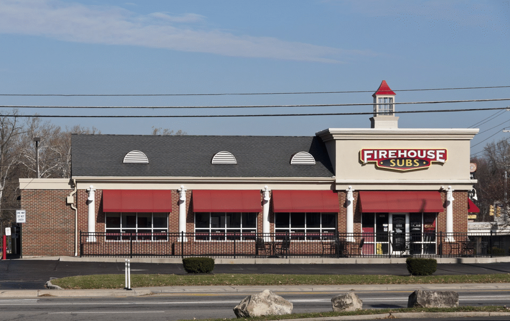 A typical Firehouse Subs located in Gahanna, Ohio. Firehouse Subs is a US-based, fast casual restaurant chain that specializes in hot subs.
