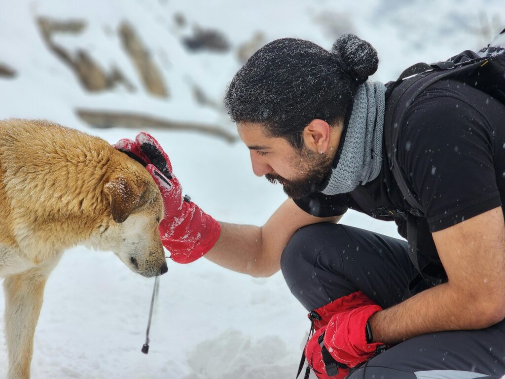 man petting dog