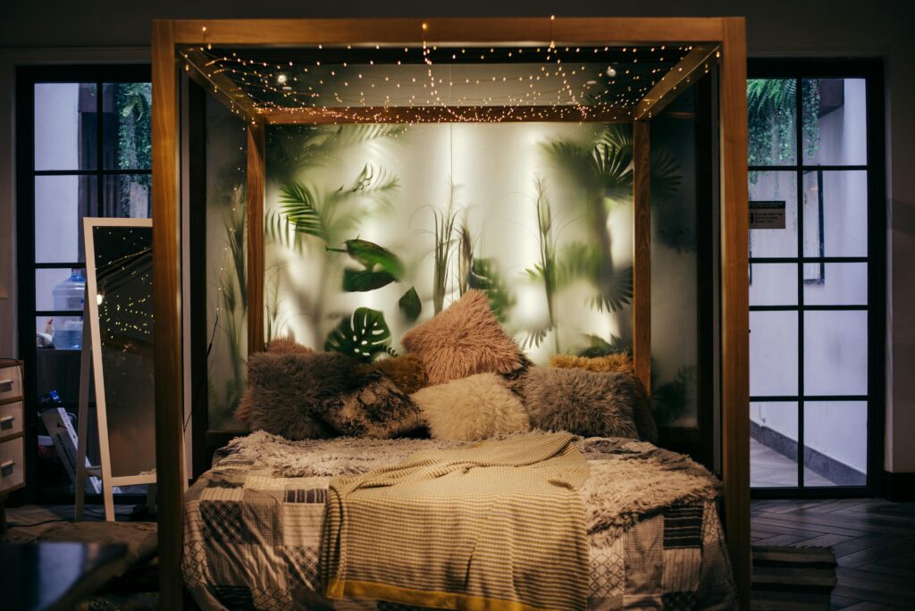 bed with string lights