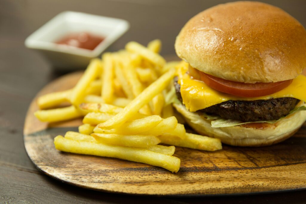 cheeseburger and fries