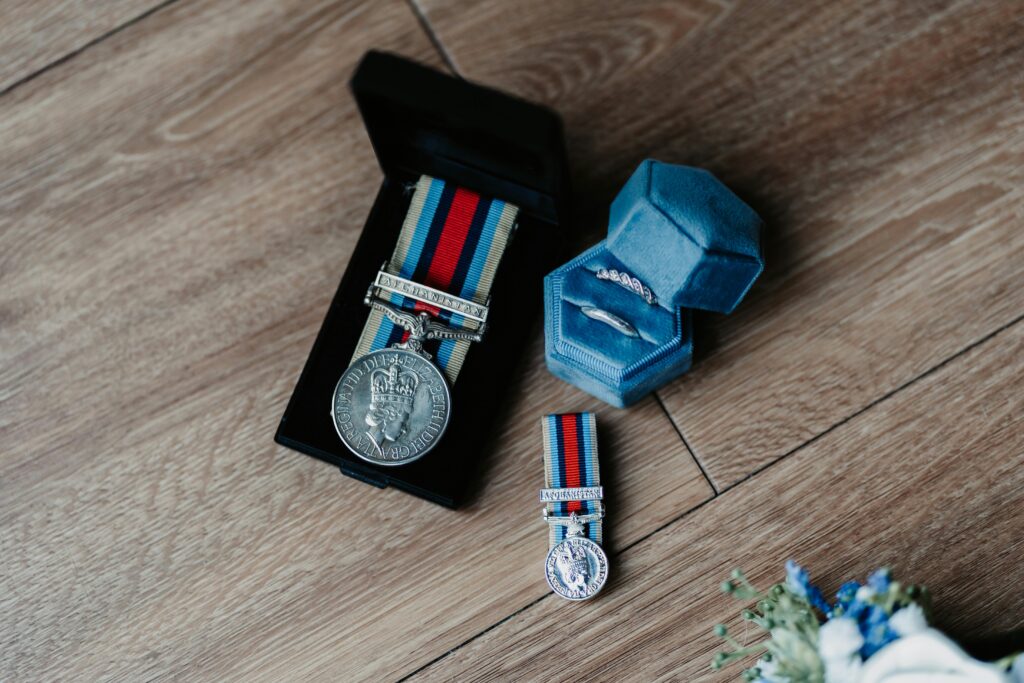 Top View of Wedding Bands and Medals
