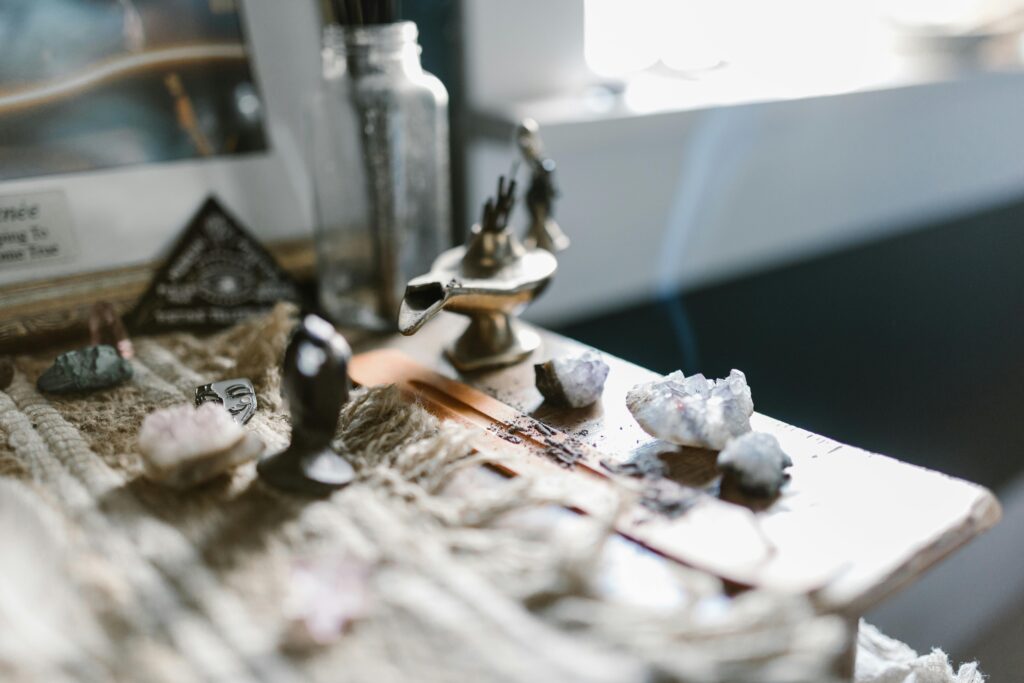 table with crystals and inscense