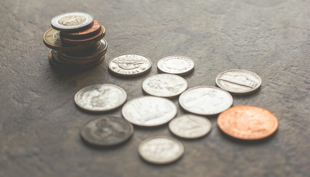 Coins on table