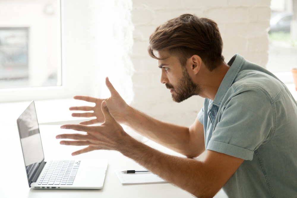 Furious man angry about bad news online or pc software failure, mad helpless office worker having problem with broken laptop, stressed student hates computer crash, user indignant about data loss
