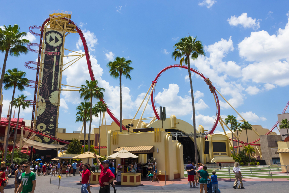 ORLANDO, FLORIDA, USA - MAY 08, 2018: The people going near Roller coaster Rock it at Universal Studios park
