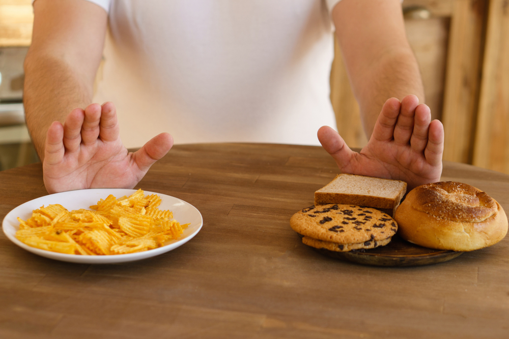 carbohydrate-free, ketogenic diet, obesity prevention, conscious eating, nutrition choices, mindfulness and healthy lifestyle. fat man refuse to eat sweets, carbs and junk food