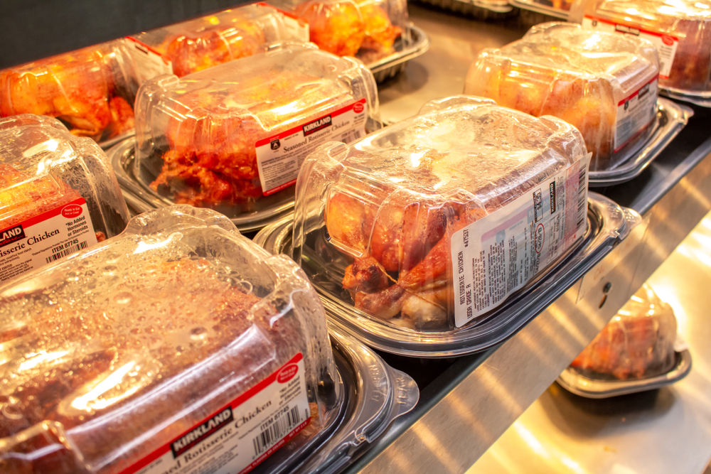 Los Angeles, California, United States - 04-27-2019: A view of several packages of Kirkland Signature rotisserie chicken, on display at a local Costco.
