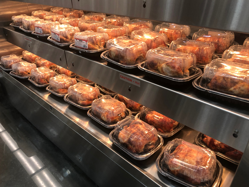 Los Angeles, CA/USA 11/25/2019 Kirkland brand seasoned rotisserie chickens for sale at a Costco Mega Discount Store
