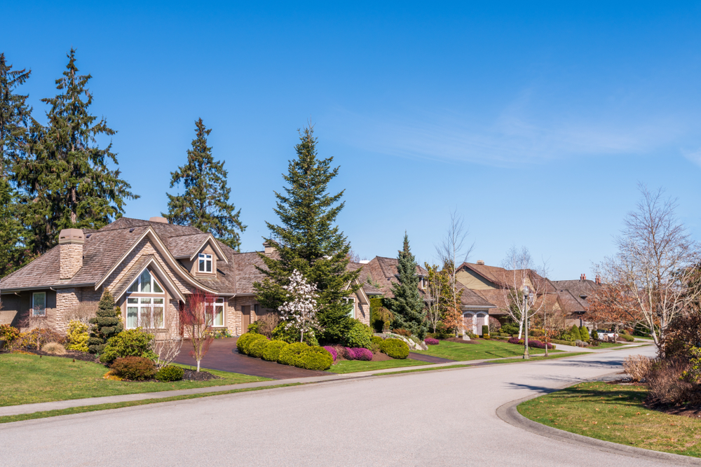 A perfect neighbourhood. Houses in suburb at Summer in the north America. Luxury houses with nice landscape.