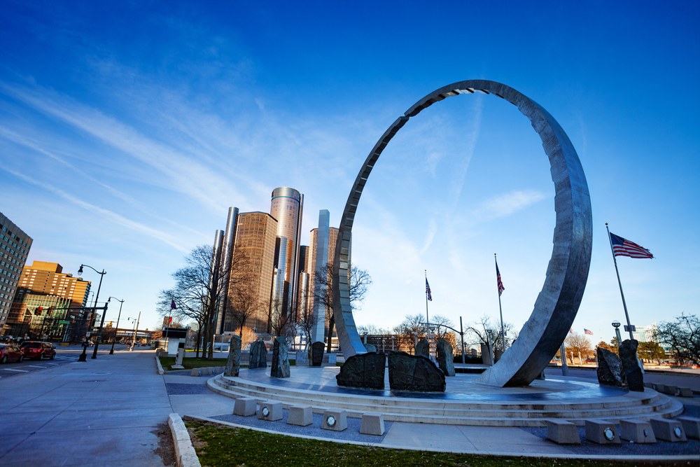 View of Michigan Labor Legacy Monument on Hart Plaza near river embarkment in Detroit, USA