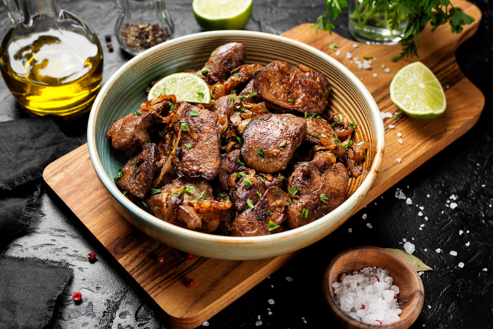 Fried chicken liver with onions and herbs.