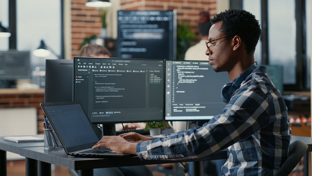 man entering data