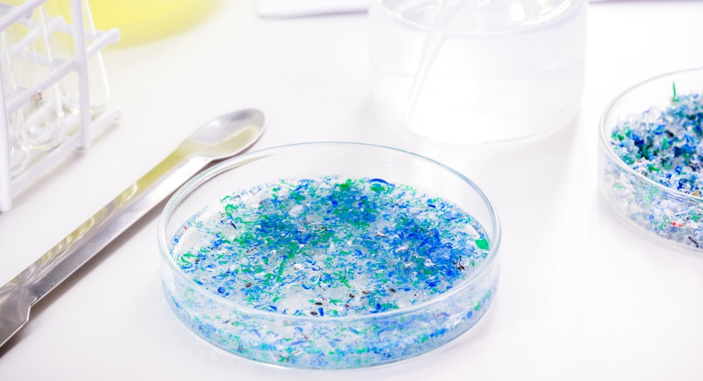 hand of traces of plastic and microplastic in petri dish, analyzed in laboratory, study of environmental problem