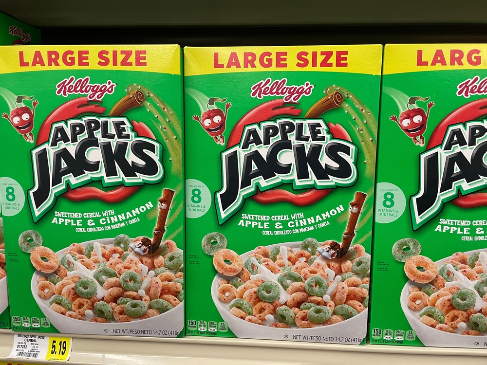 Hephzibah, Ga USA - 06 06 22: IGA KJs Retail store Apple Jacks cereal and price tag
