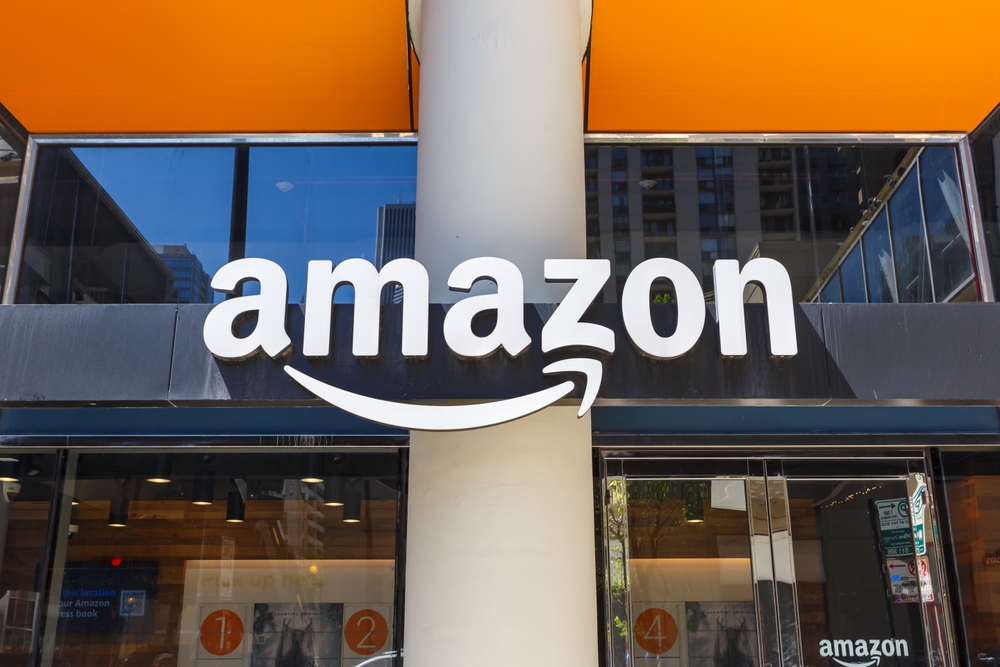 Chicago, United States - May 3, 2023: Amazon logo on a Pick up Store for online on internet ordered products e-commerce in Chicago, United States.