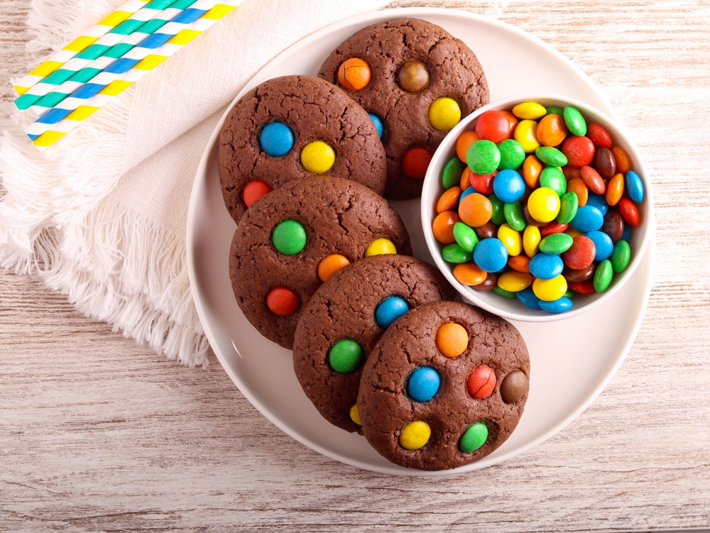 Chocolate cookies with color candies. M and m cookies