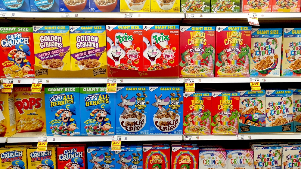 Boise, Idaho, USA - 01/04/2024: A selection of bright and colorful breakfast cereal for kids on shelf at shopping supermarket store
