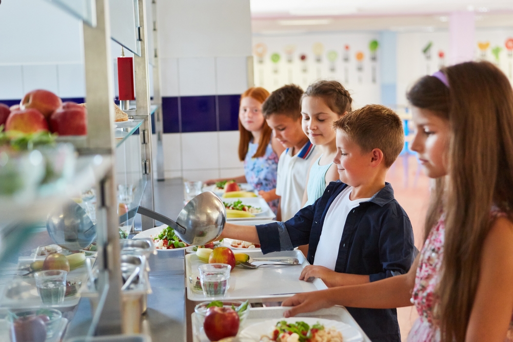 Smiling male and female students taking food while standing in line during lunch break in school cafeteria