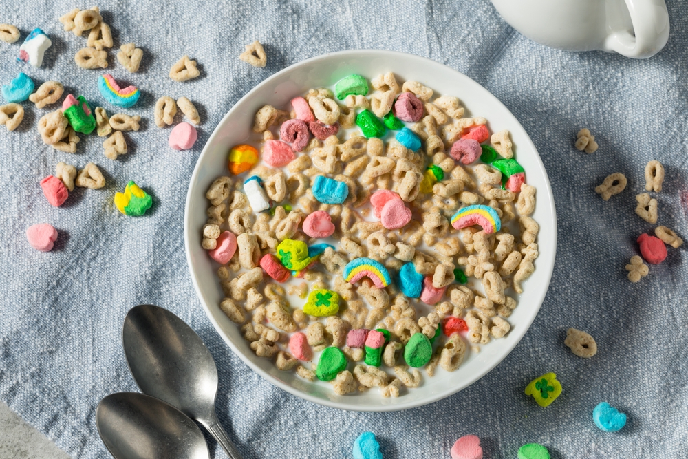 Sweet Sugary Marshmallow Lucky Irish Cereal with Whole Milk