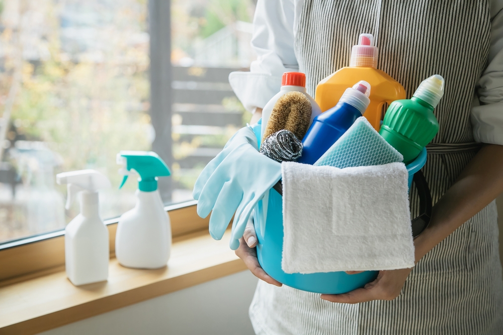 Woman holding a bucket of cleaning tools. A housewife cleaning.
