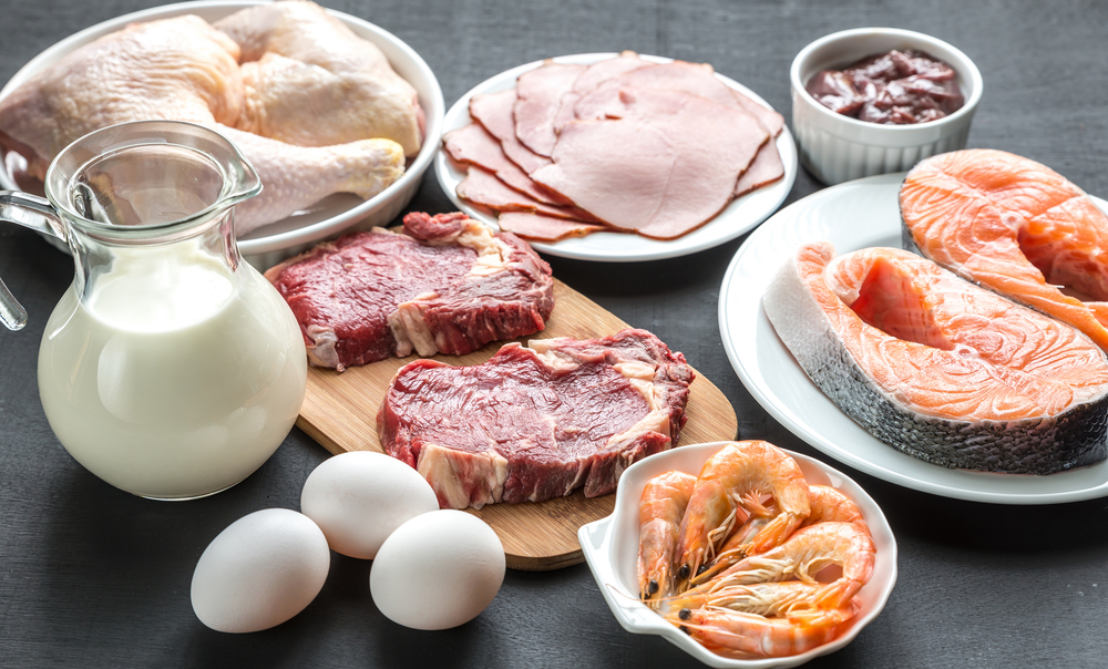 Protein diet: raw products on the wooden background