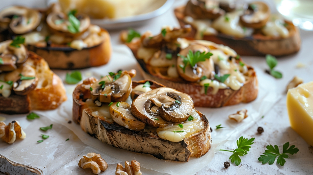 Delectable mushroom bruschetta, featuring grilled rustic bread topped with melted cheese and golden-browned mushrooms