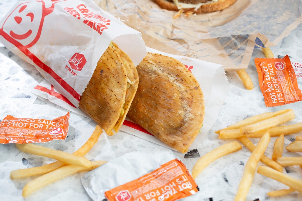 Los Angeles, California, United States - 04-14-2024: A view of two Jack in the Box tacos.
