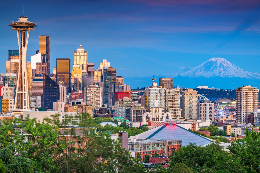 Seattle, Washington, USA downtown city skyline at dusk.