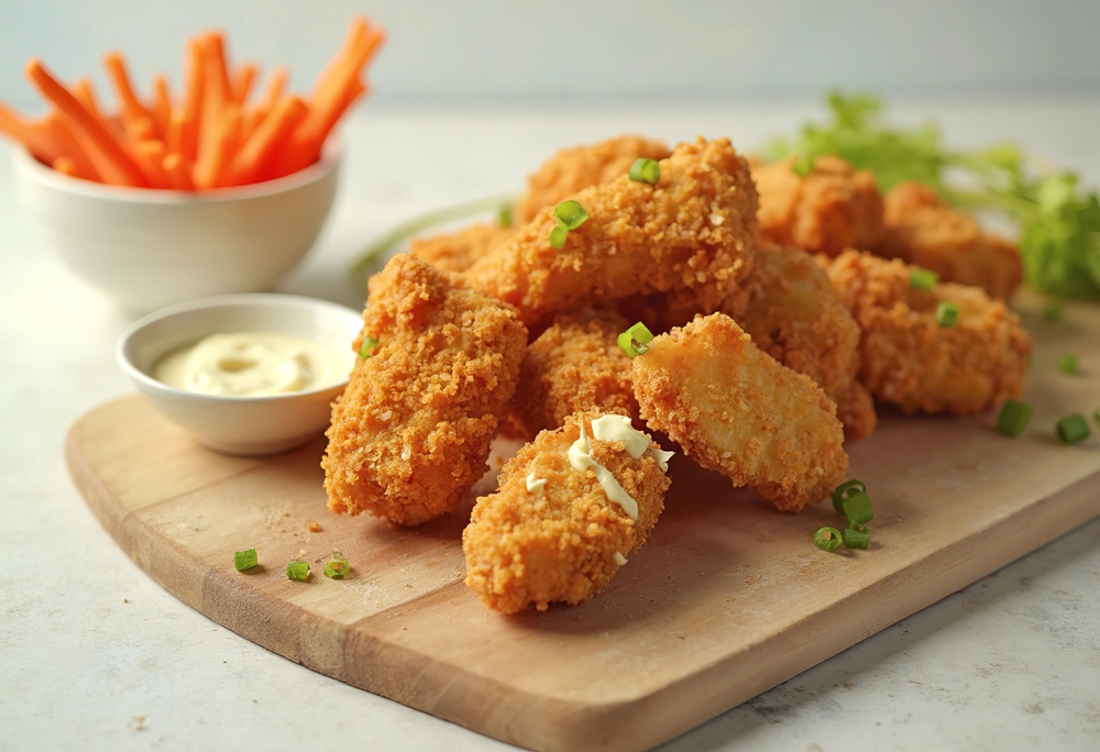 Breaded and fried chicken nuggets on a wooden board, with a dipping sauce in a small bowl